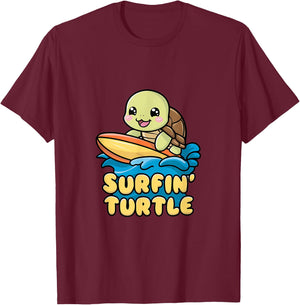 Surfin' Turtle Kawaii Surfing Design Women Kids T-Shirt - T-Shirt | Maroon
