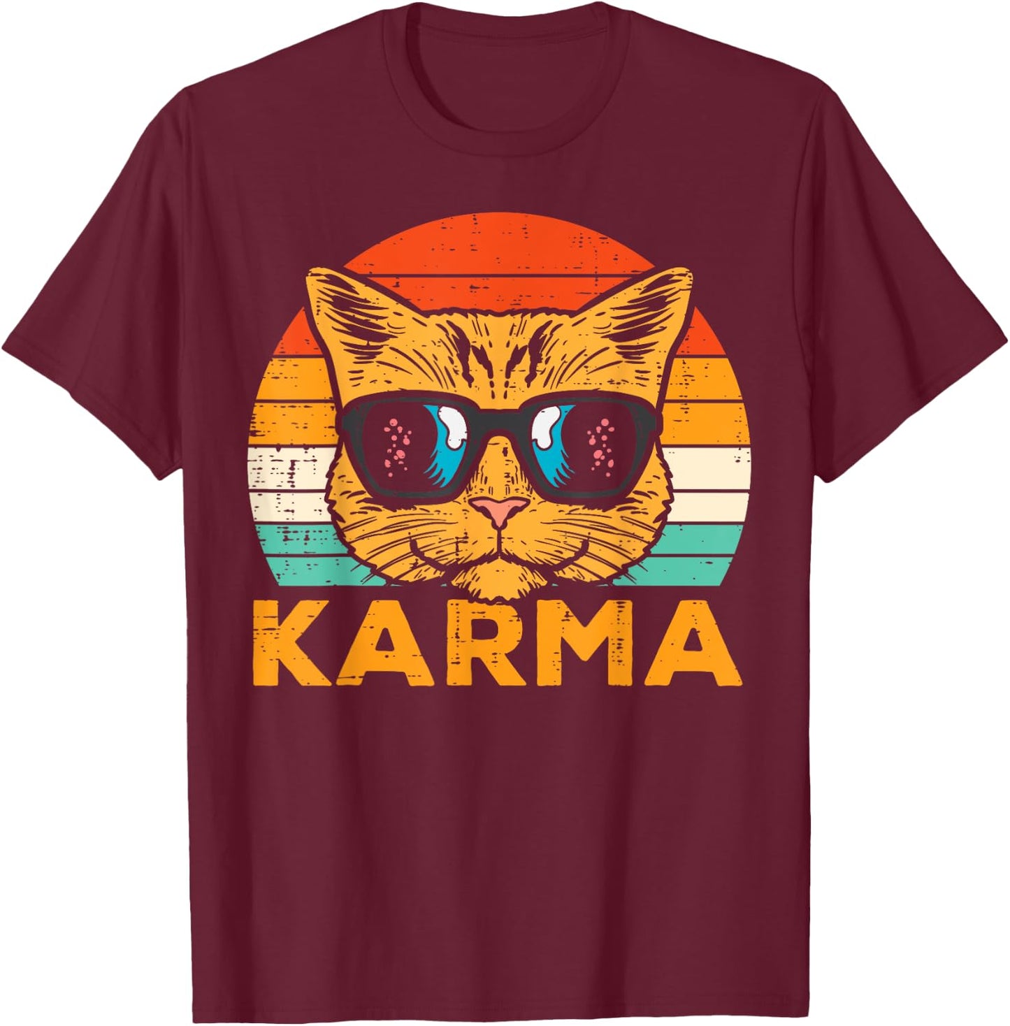 Karma Cat Face Sunset Retro Music Vibe Women Men Kids Youth T-Shirt - T-Shirt | Maroon