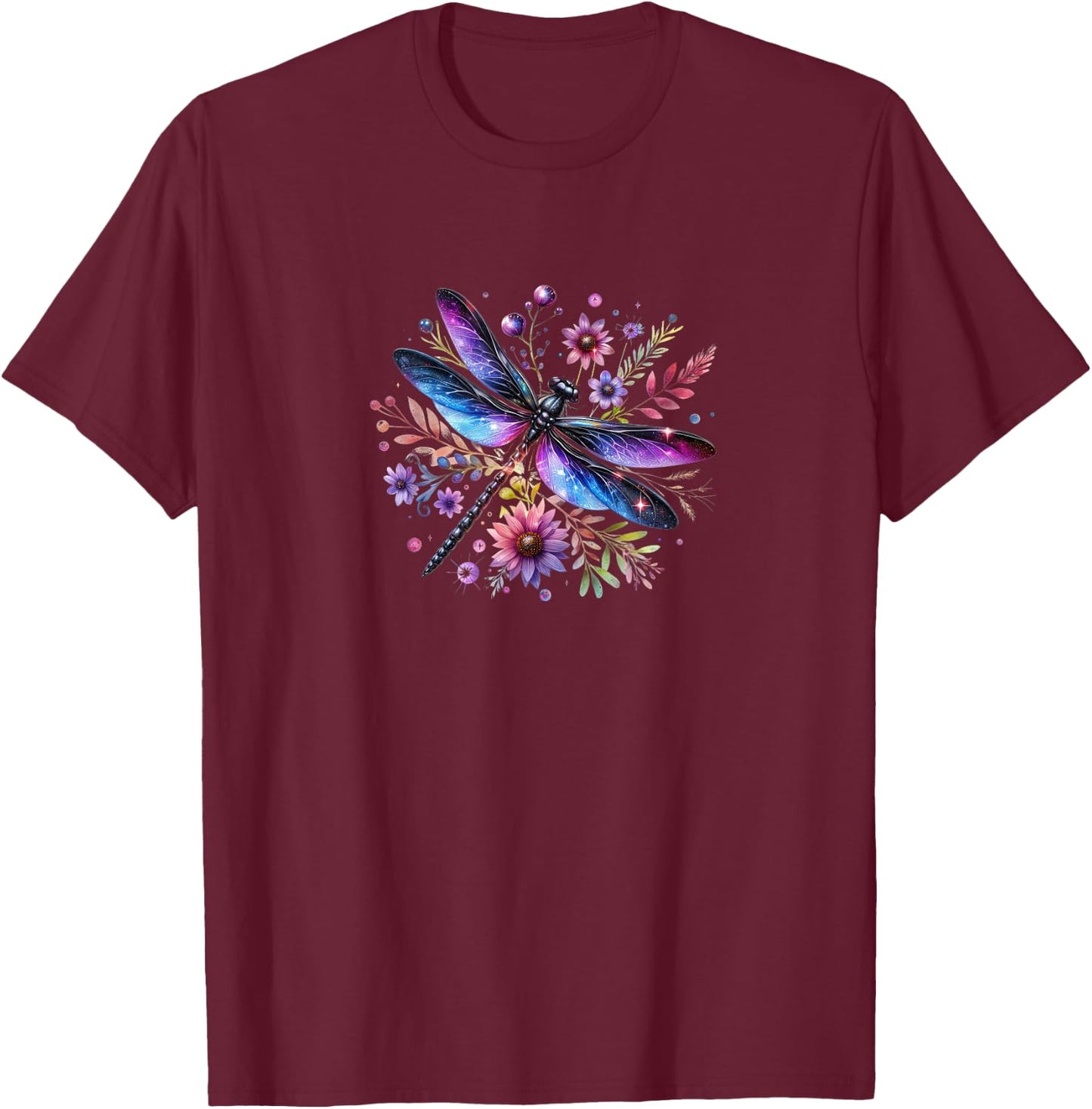 Beautiful Watercolor Black and Purple Dragonfly On Flowers T-Shirt - T-Shirt | Maroon