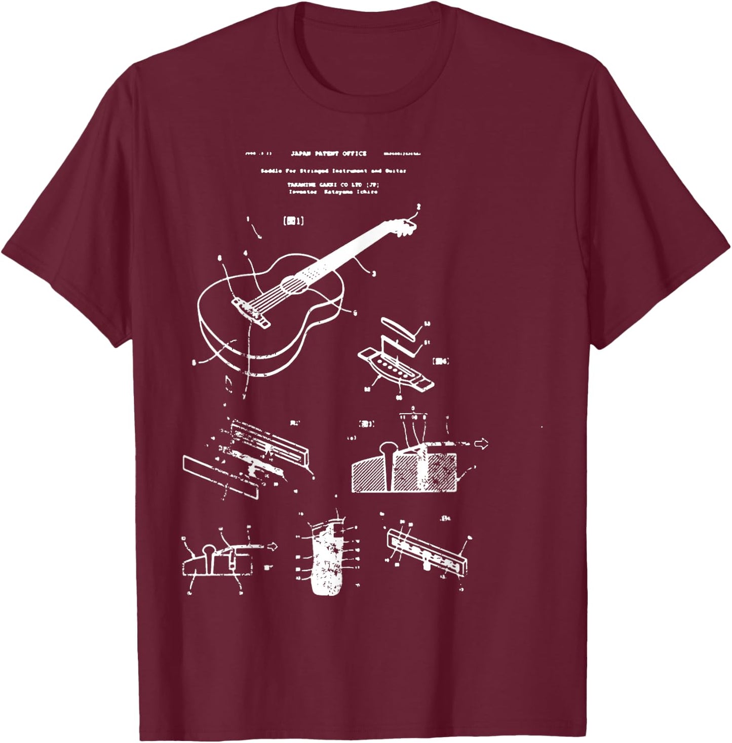 Vintage Guitar Player Gift Takamine Patent Blueprint T-Shirt - T-Shirt | Maroon