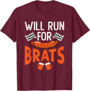 Oktoberfest Running Will Run for Brats German Sausage T-Shirt - T-Shirt | Maroon