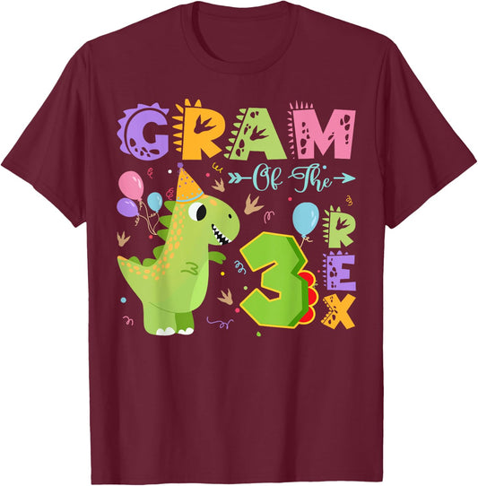 Gram Of The Three Rex 3Rd Birthday Dinosaur Party T-Shirt - T-Shirt | Maroon