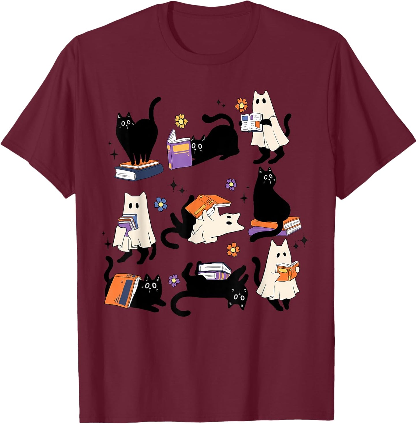 Cute Ghost Cat Reading Books Lover Bookish Halloween Spooky T-Shirt - T-Shirt | Maroon
