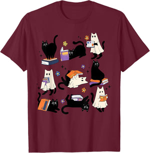 Cute Ghost Cat Reading Books Lover Bookish Halloween Spooky T-Shirt - T-Shirt | Maroon