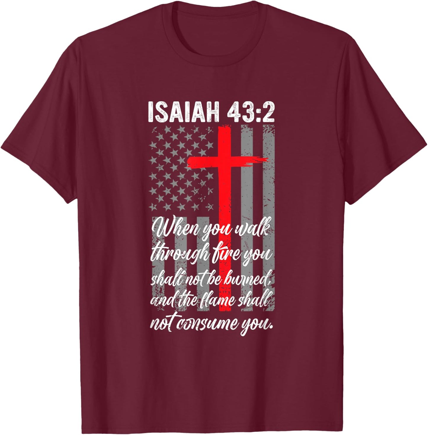 Thin Red Line Firefighter Cross Bible Verse American Flag T-Shirt - T-Shirt | Maroon