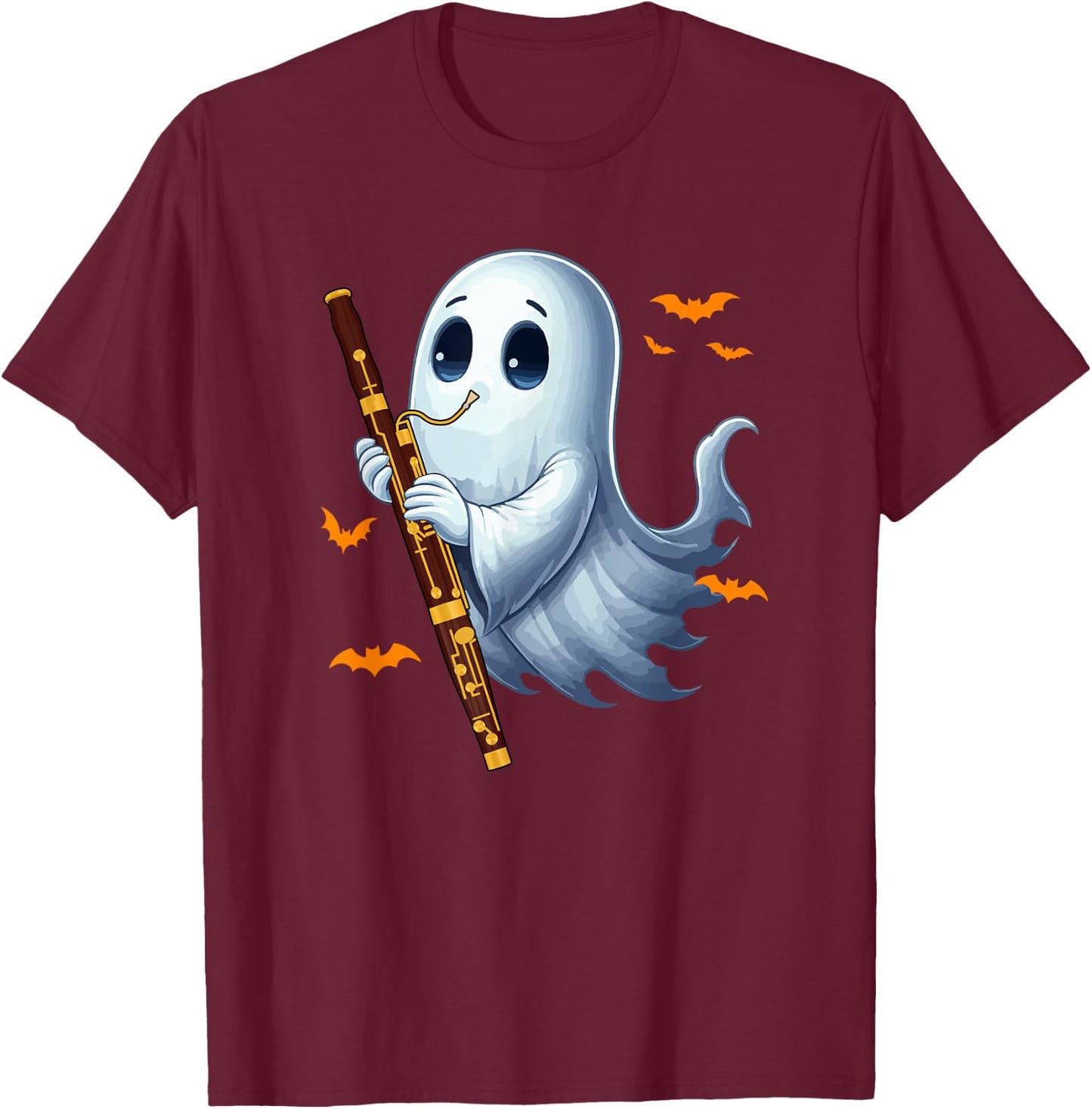 Boo Ghost Playing Bassoon Halloween Musical Instrument T-Shirt - T-Shirt | Maroon
