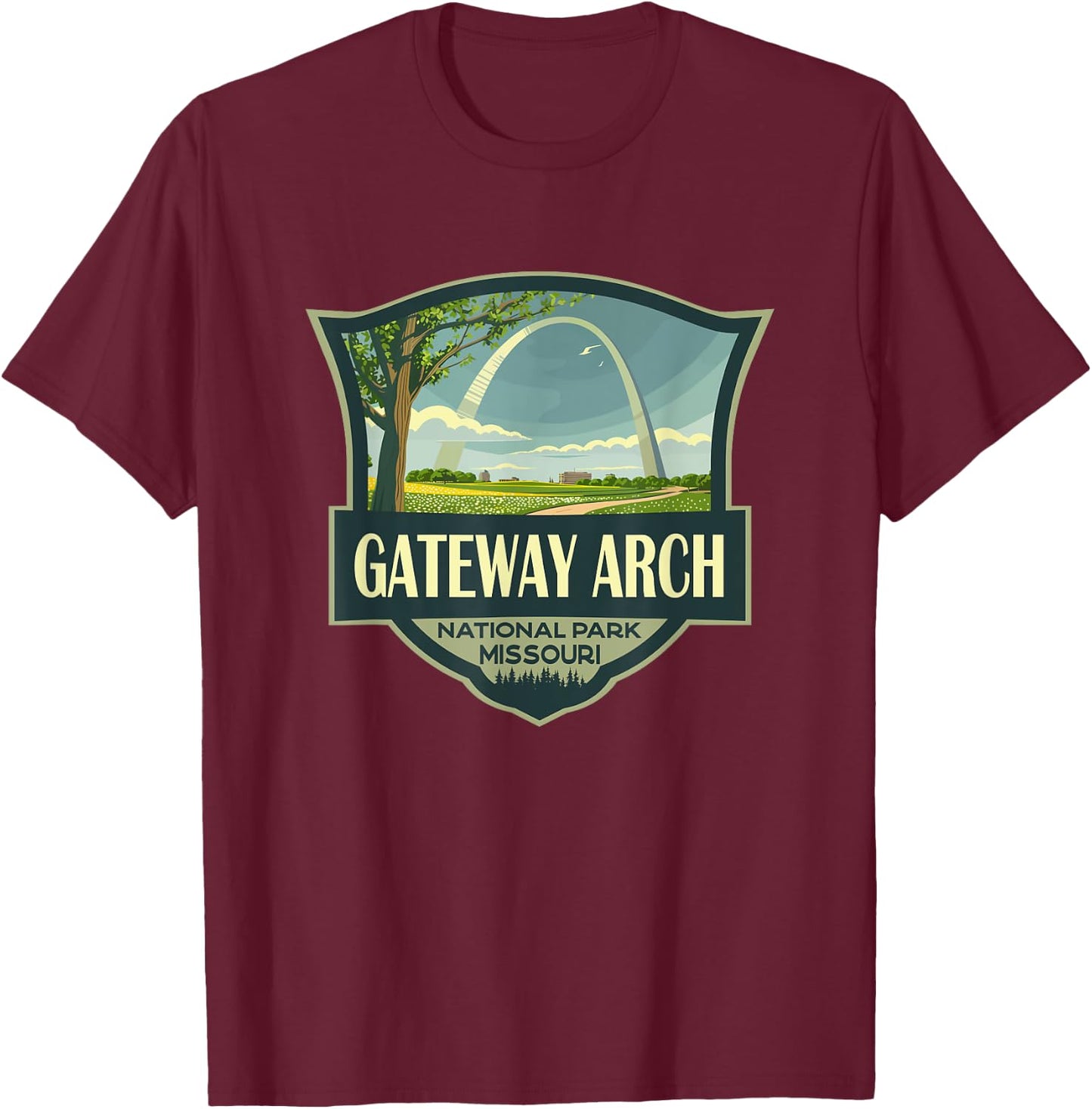 Gateway Arch National Park Illustration Retro Badge T-Shirt - T-Shirt | Maroon