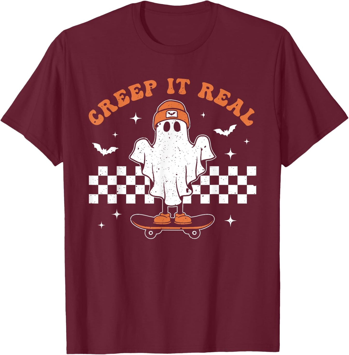 Creep it Real Ghost Skateboard Retro Cute Halloween Boy Girl T-Shirt - T-Shirt | Maroon
