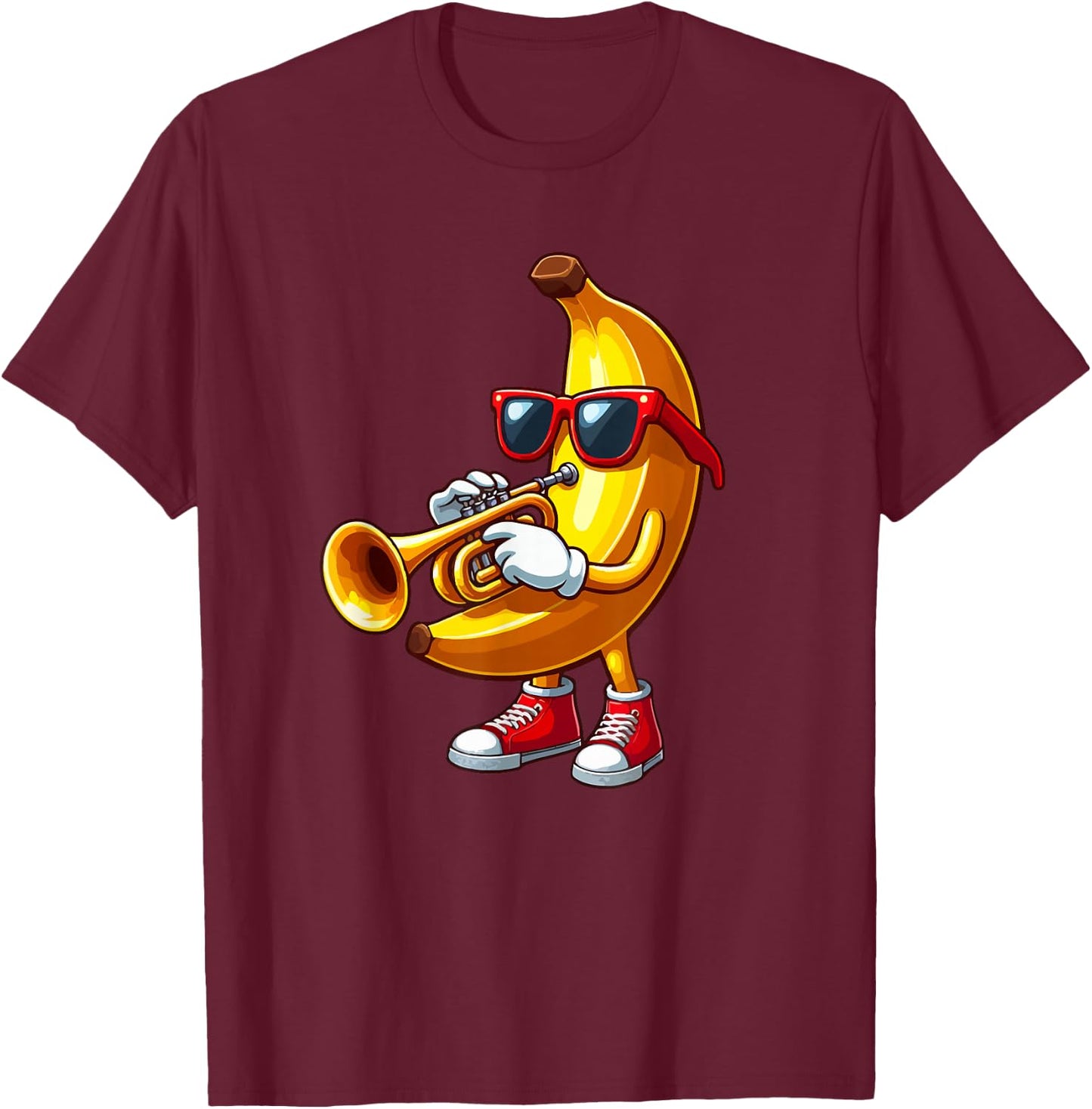 Banana Sunglasses Playing Trumpet Funny Fruit Instrument T-Shirt - T-Shirt | Maroon
