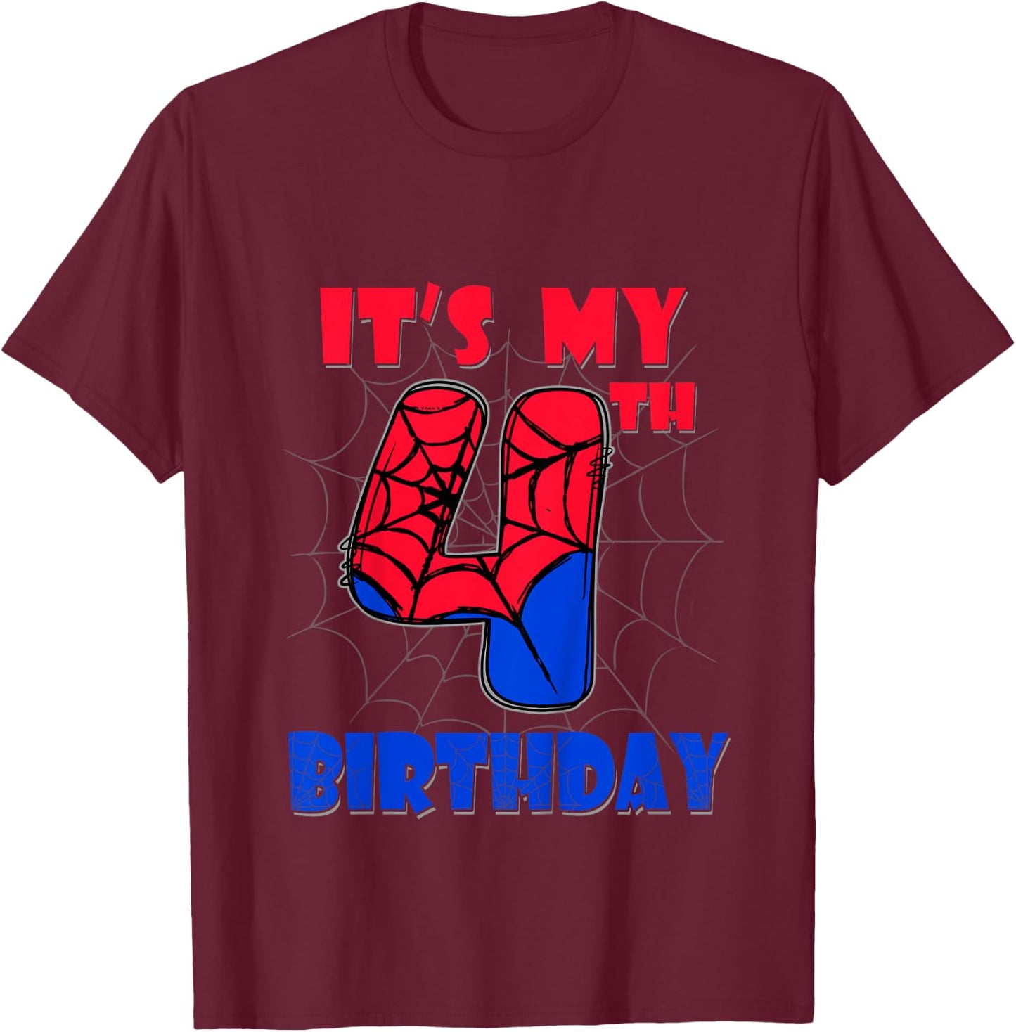 Kids It's My 4th Birthday Spider Theme Party 4 Year Old Boys Kids T-Shirt - T-Shirt | Maroon