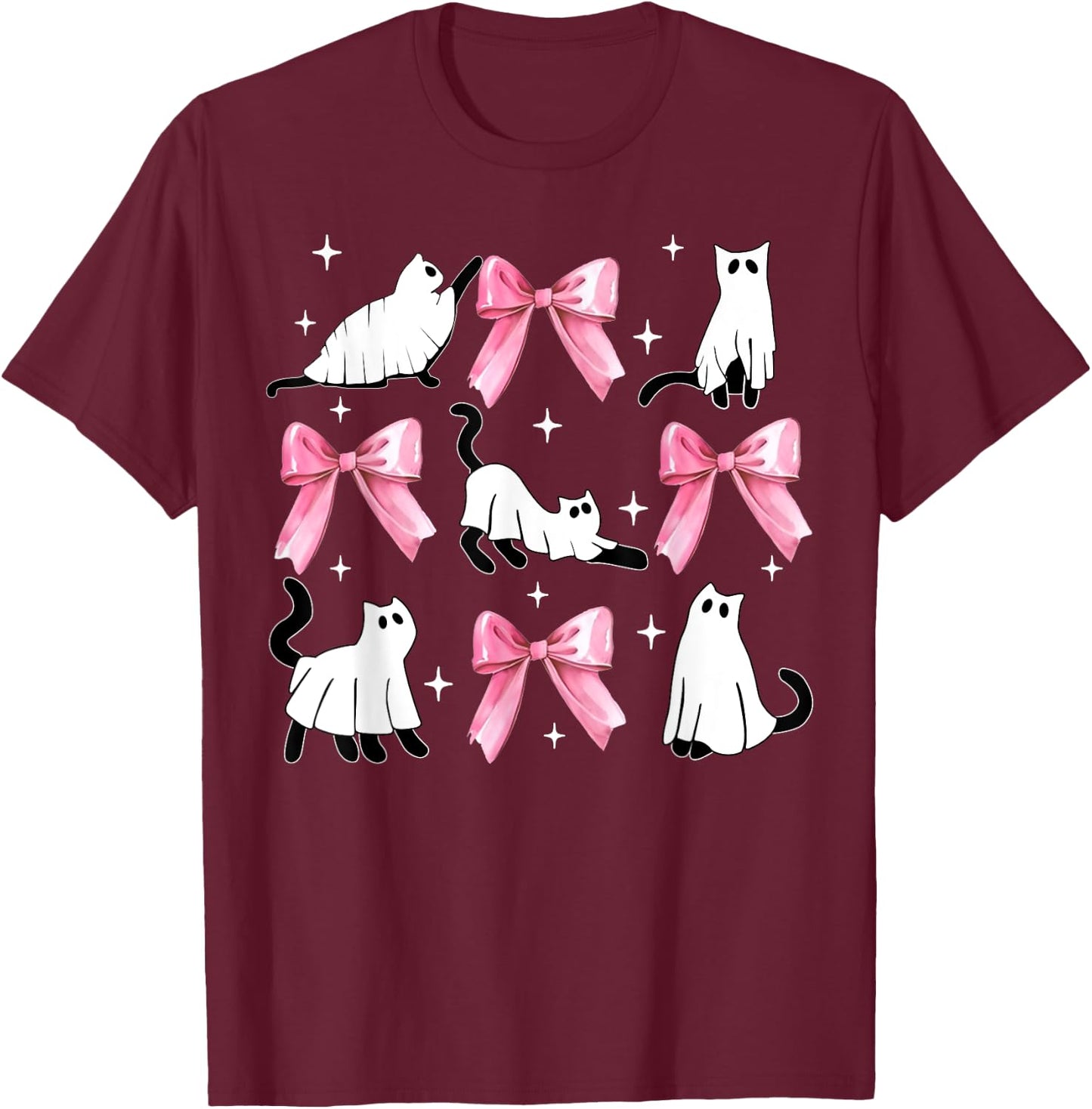 Ghost Cat Boo Costume Cute Pink Bow Coquette Kitty Halloween Women Kids T-Shirt - T-Shirt | Maroon
