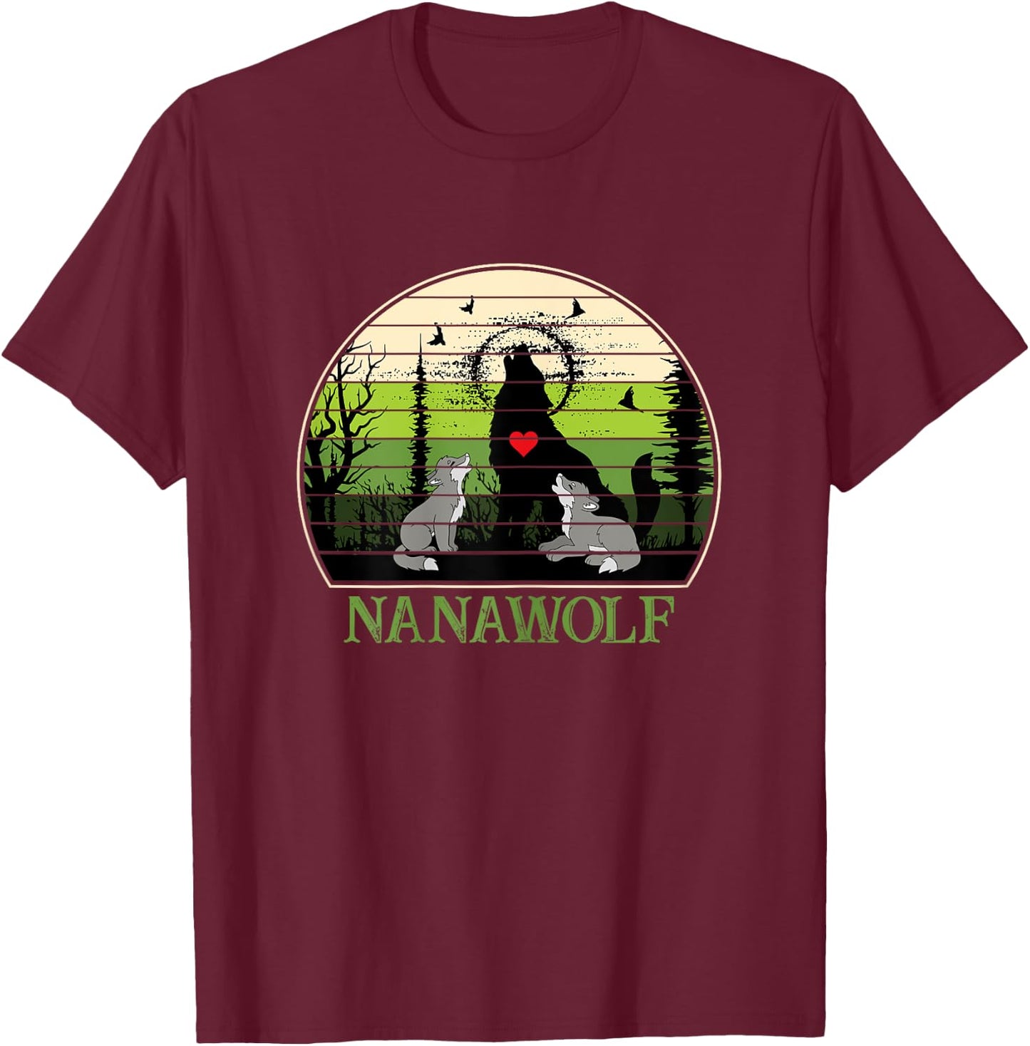 Retro Vintage Sunset Nana Wolf Mothers Day Grandma Wolf T-Shirt - T-Shirt | Maroon