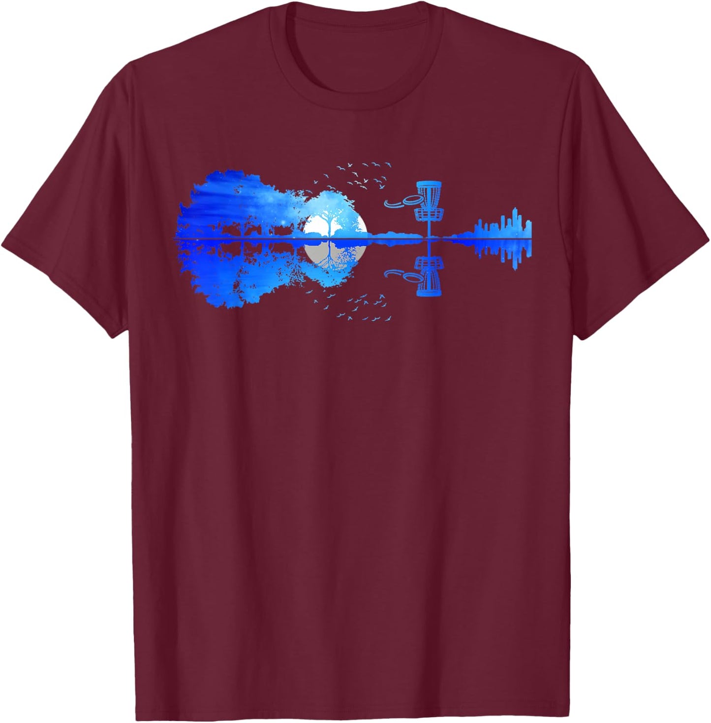 Men Disc Golf Frisbee Golfer Sunset Guitar Guitarist Golfing T-Shirt - T-Shirt | Maroon