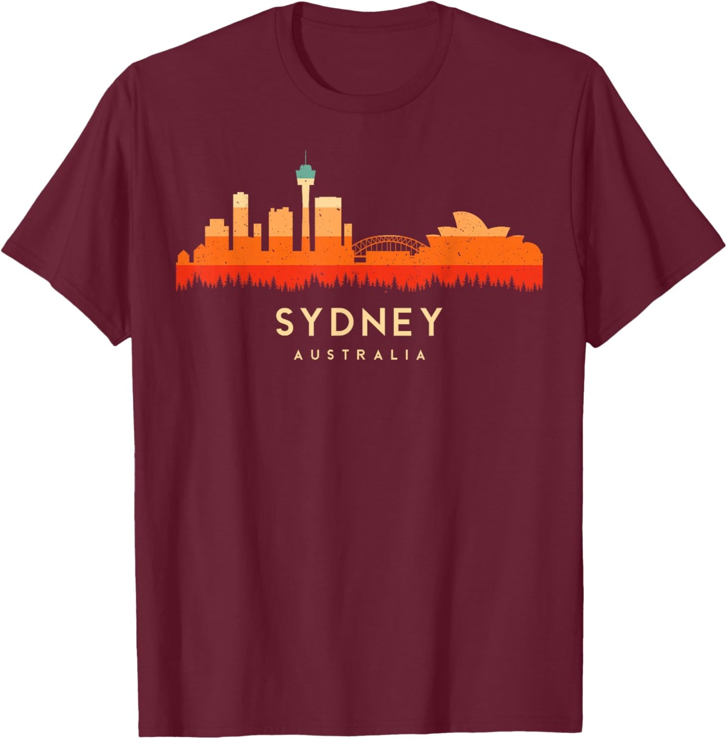 Vintage Retro Style Landscape Sun Skyline Sydney Australia T-Shirt - T-Shirt | Maroon