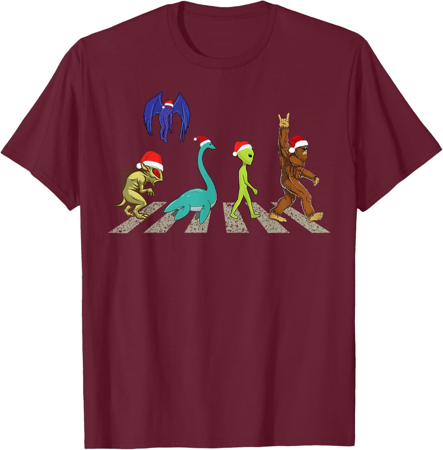 Christmas Cryptid Squad Bigfoot Mothman Alien Nessie T-Shirt - T-Shirt | Maroon