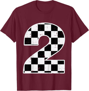 Kids 2nd Birthday 2 Checkered Race Flag Bday Party Girls Boys Kid T-Shirt - T-Shirt | Maroon