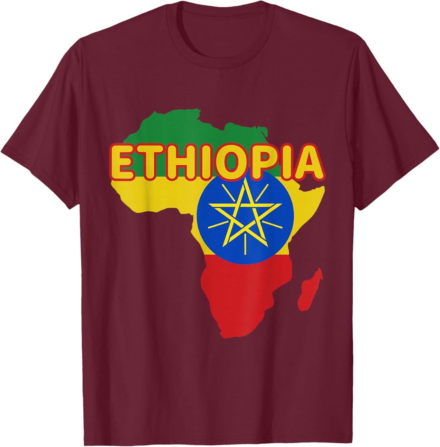 Ethiopia Ethiopian Pride Flag Map Africa Print T-Shirt - T-Shirt | Maroon