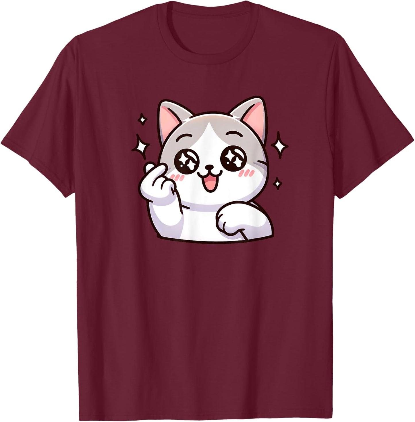 Funny Cat Cartoon Finger-heart K-pop Korean Men Women Kids T-Shirt - T-Shirt | Maroon