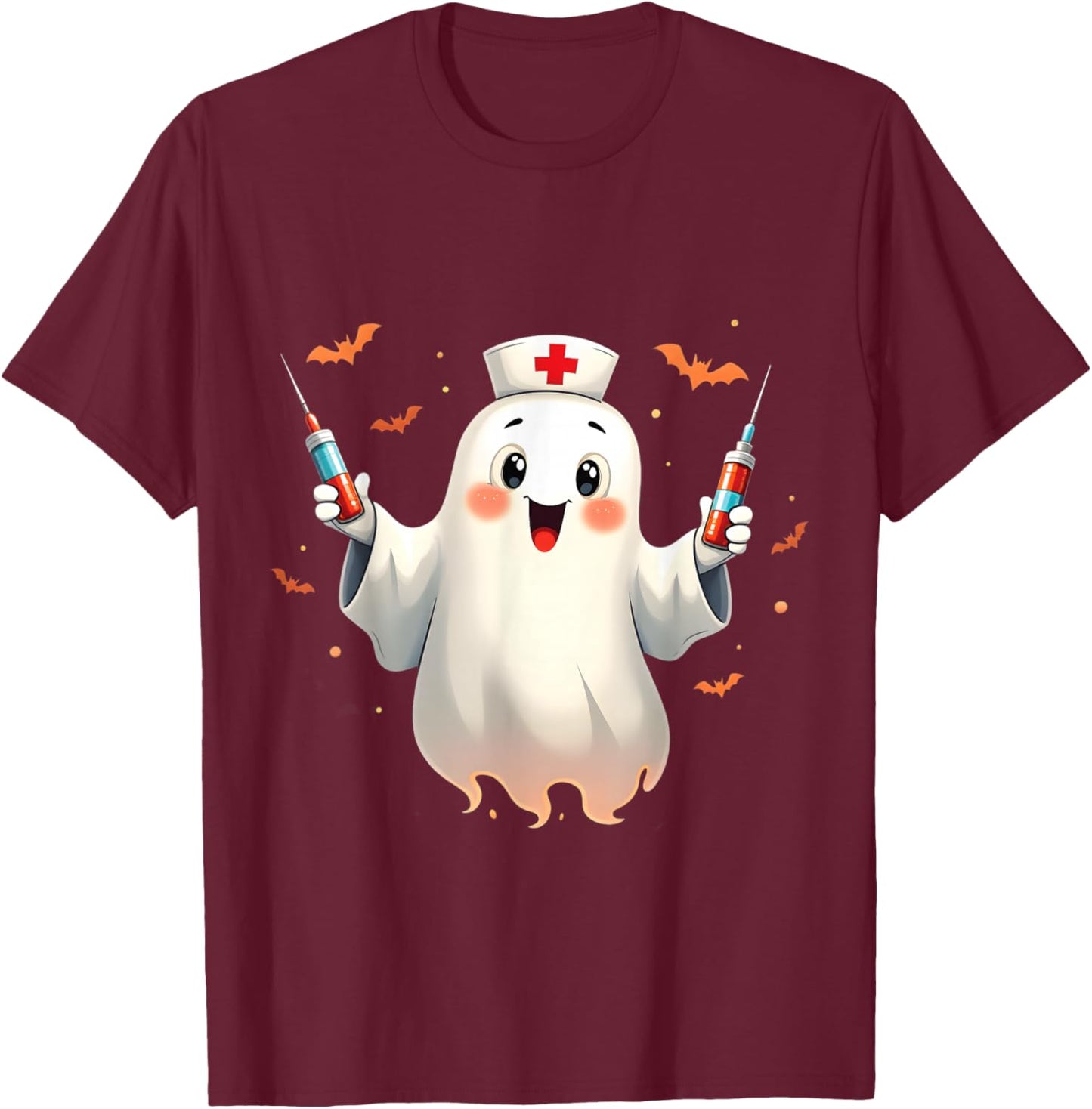 Spooky Halloween Nurse Ghost Holding Syringes T-Shirt - T-Shirt | Maroon