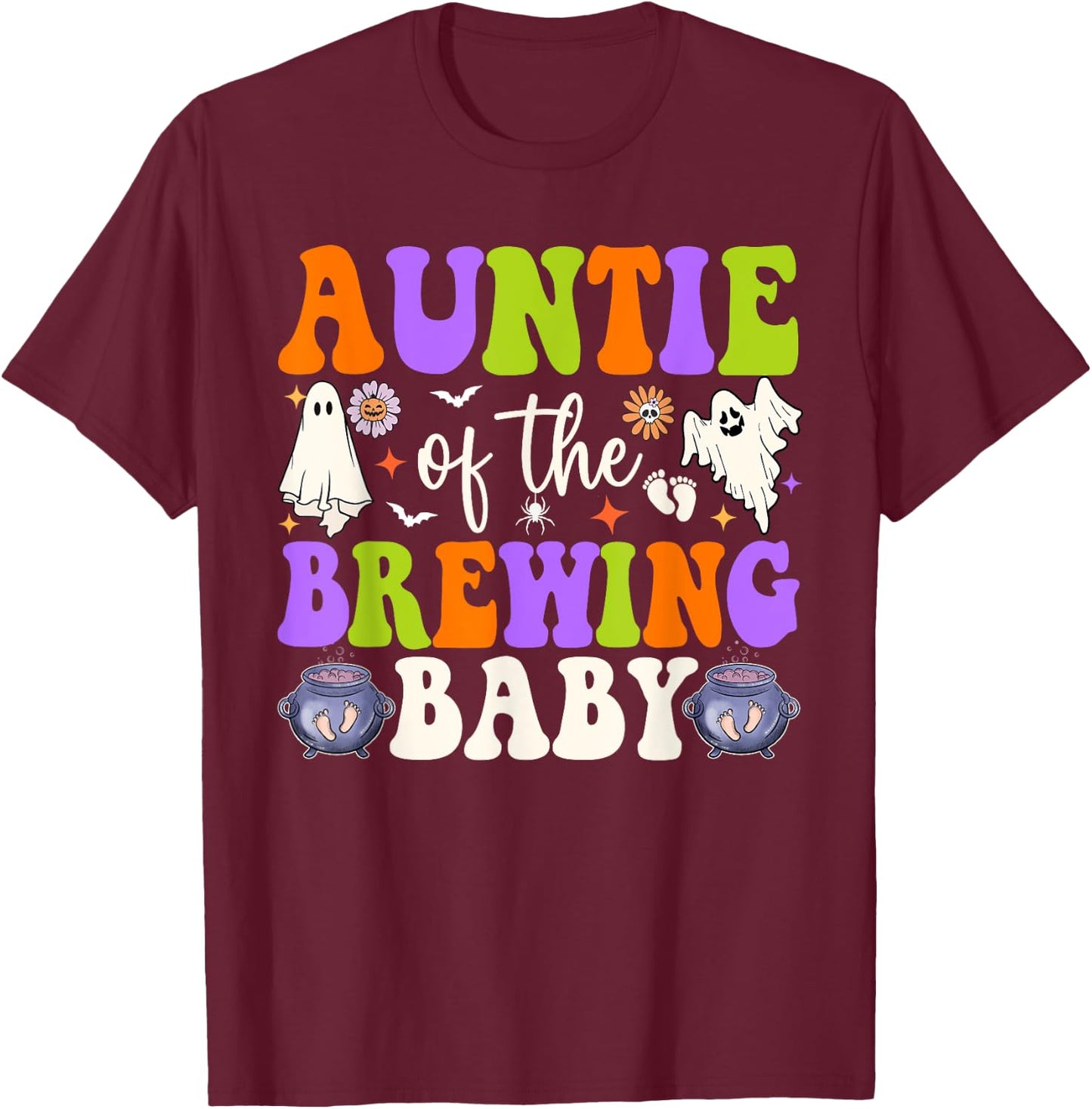 Auntie of Brewing Baby Halloween Theme Baby Shower Spooky T-Shirt - T-Shirt | Maroon
