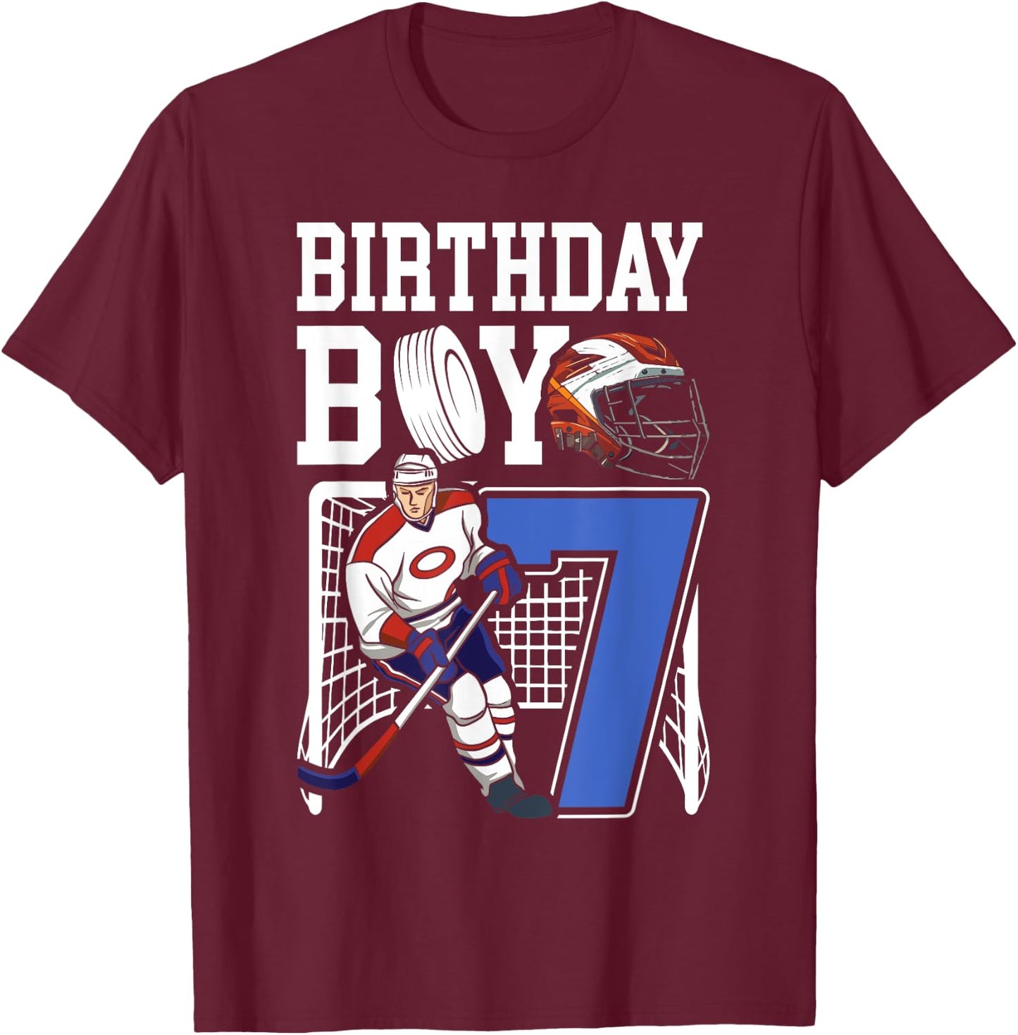 Kids 7 Year Old Ice Hockey Themed Birthday Party 7th Boy T-Shirt - T-Shirt | Maroon