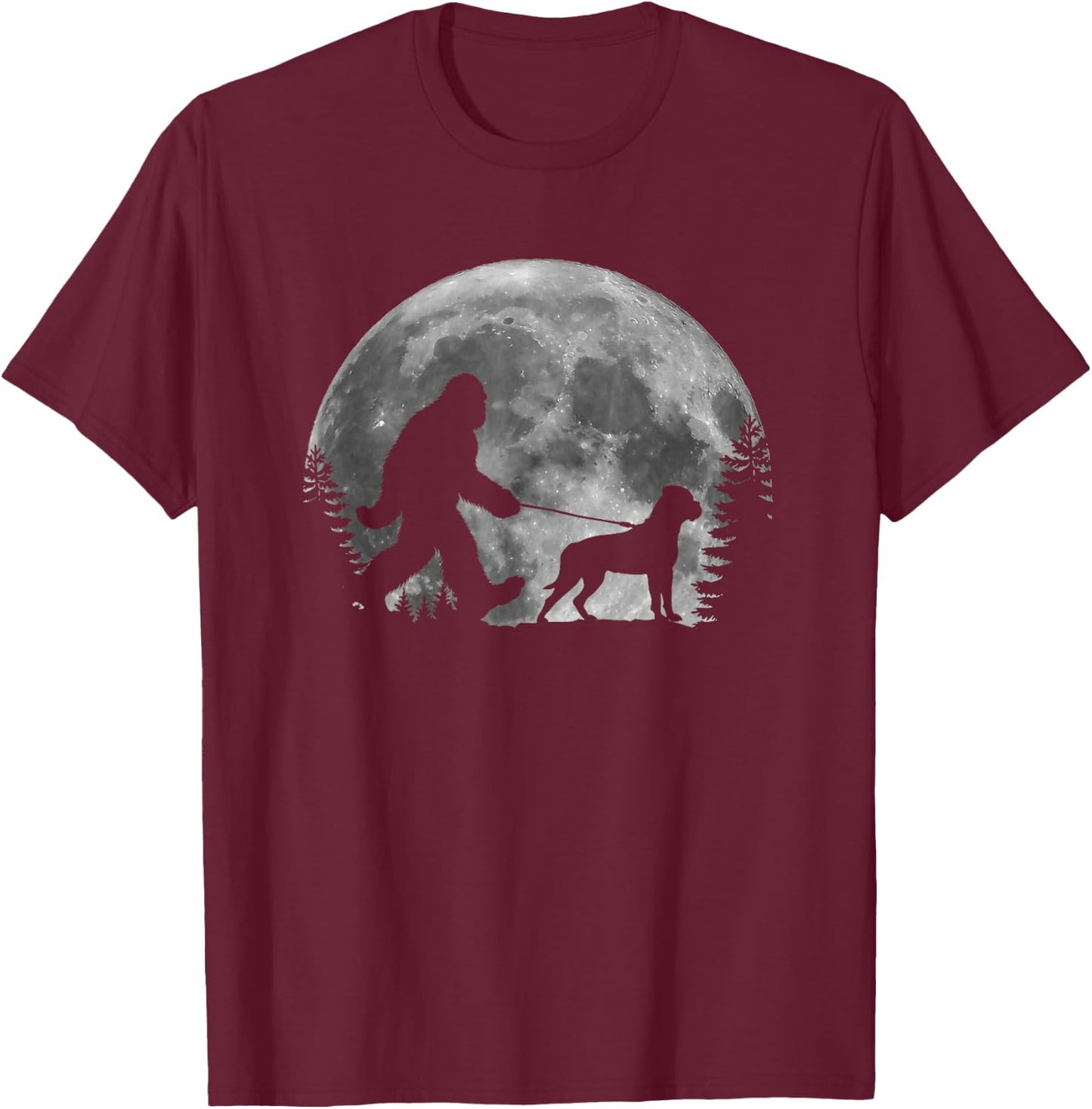 Bigfoot Walking a Dog Funny Bull Mastiff Moon Halloween Men Women Kids T-Shirt - T-Shirt | Maroon