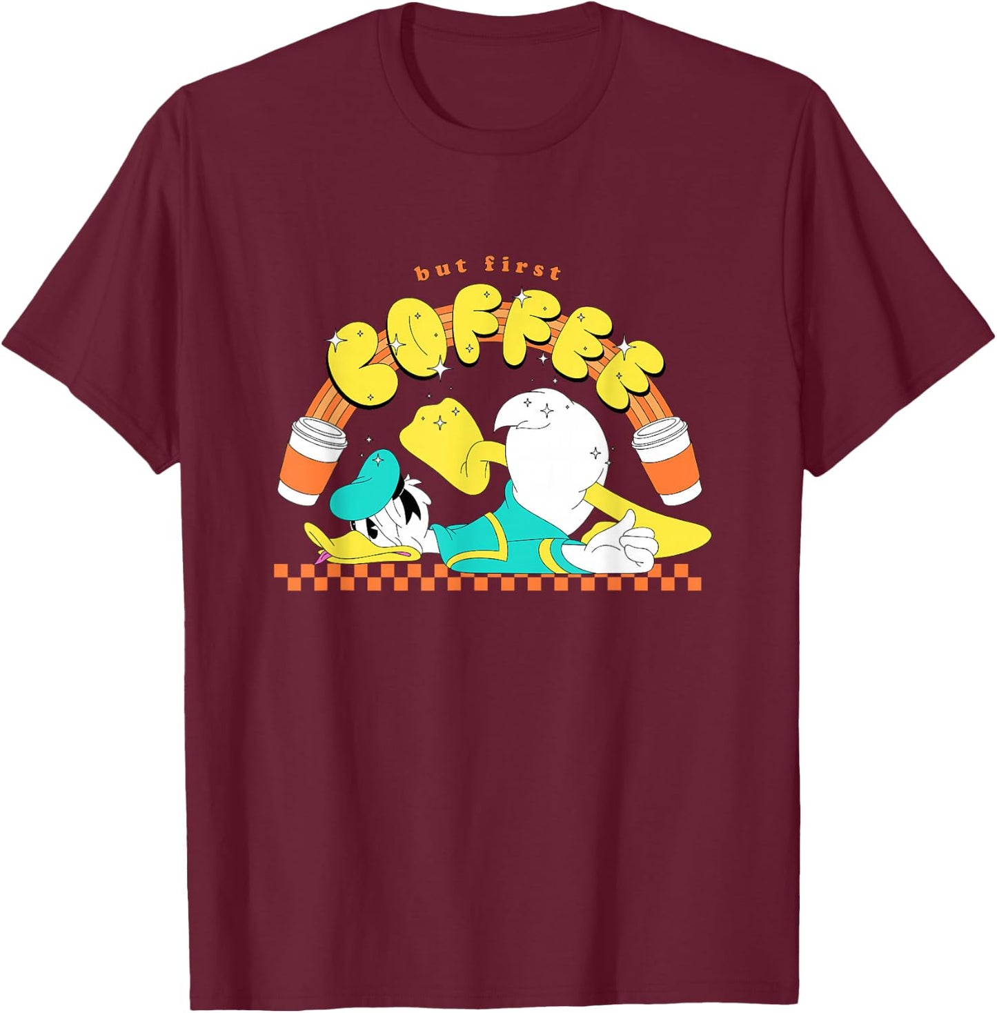 Disney Mickey And Friends Donald But First Coffee Chest Logo T-Shirt - T-Shirt | Maroon