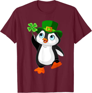 St. Patrick's Day Penguin Shirt, Irish, Shamrock, Clover T-Shirt - T-Shirt | Maroon