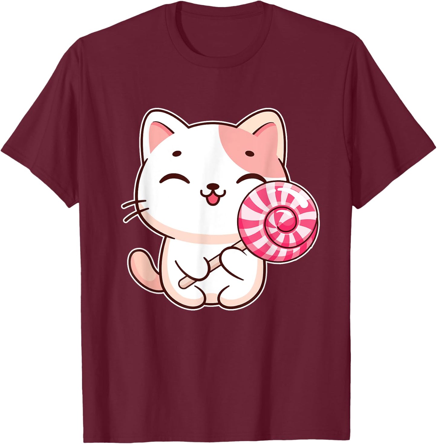 Kawaii Cat With Lollipop - Lollipop Candy Lovers Sweets T-Shirt - T-Shirt | Maroon