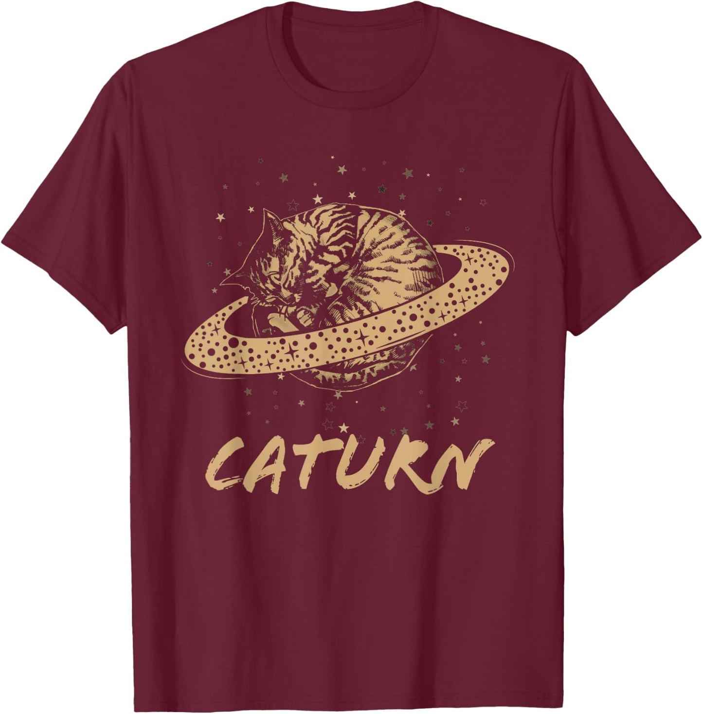 Cat Staring at Planet Saturn Retro Science Caturn Astrology T-Shirt - T-Shirt | Maroon