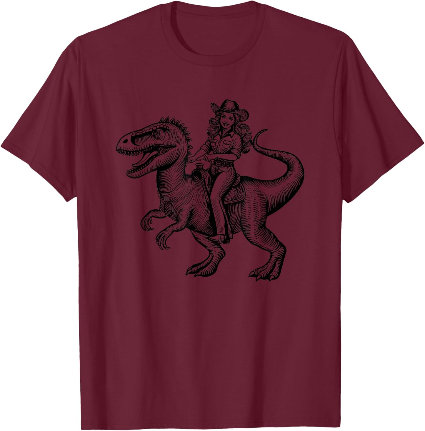 Generic Funny Retro Vintage Western Cowboy Cowgirl Riding a Dinosaur , Small, Grey T-Shirt - T-Shirt | Maroon