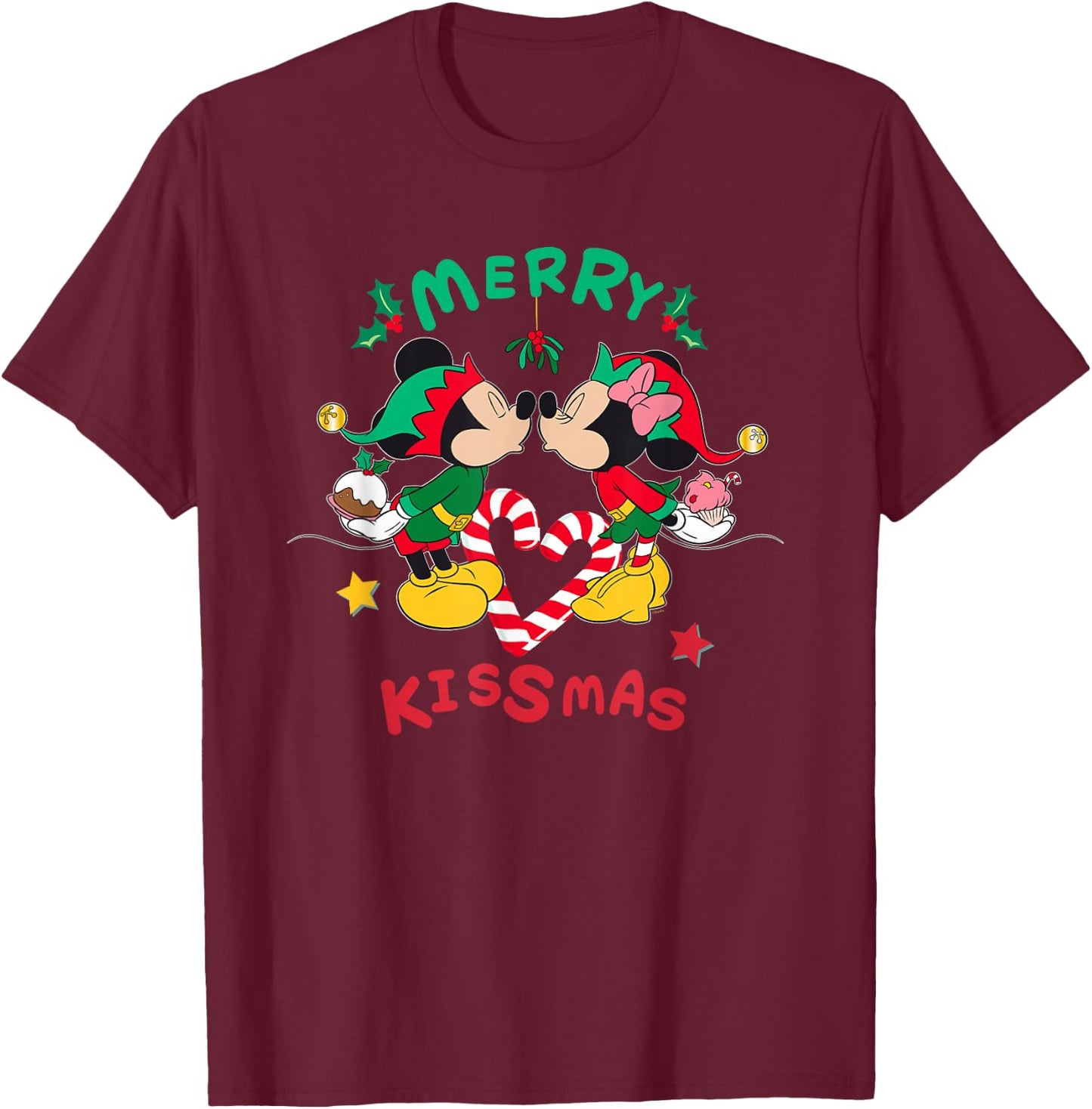 Disney Mickey and Minnie Mouse Christmas Love Merry Kissmas T-Shirt - T-Shirt | Maroon
