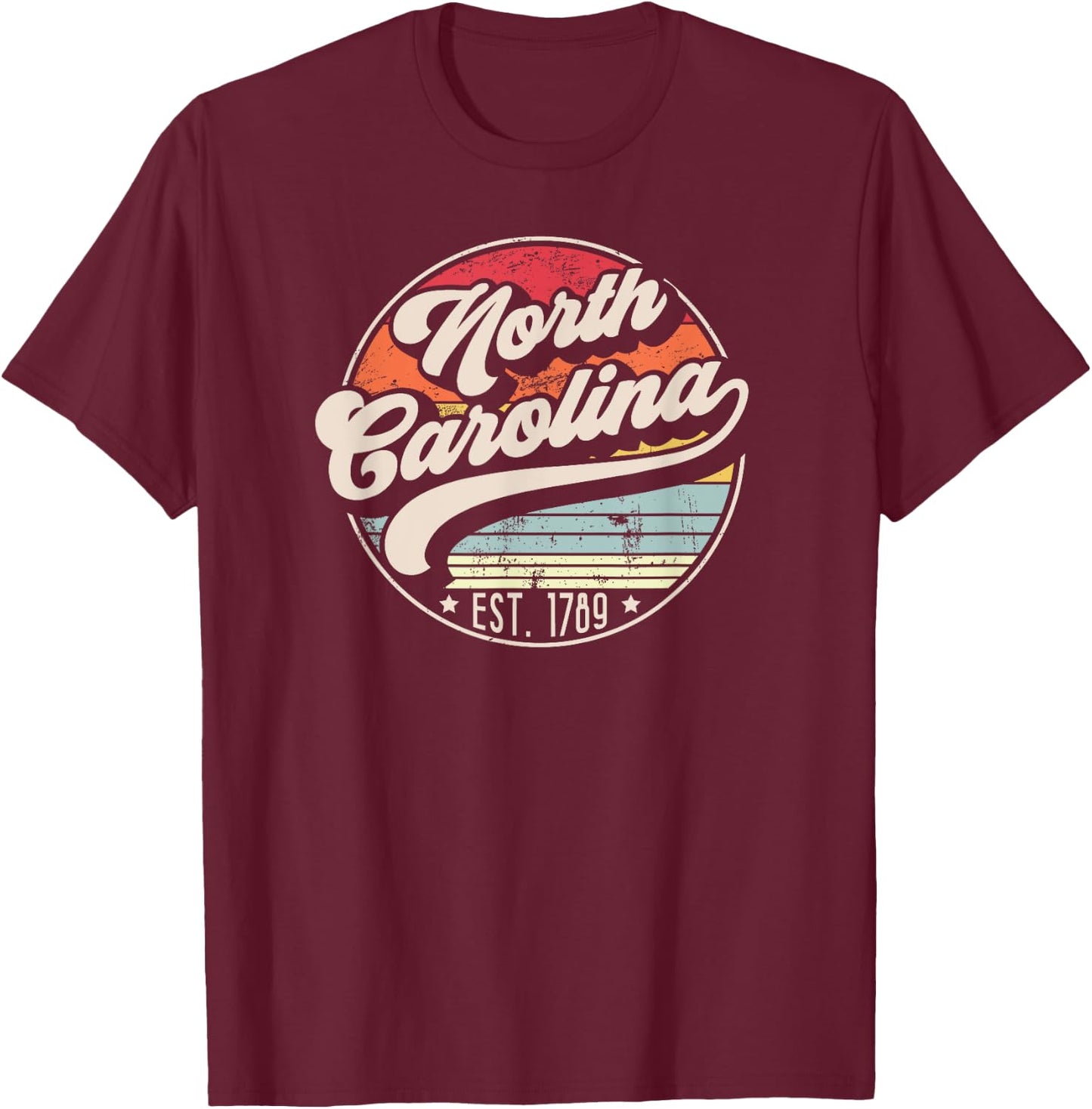 Retro North Carolina Home State NC Cool 70s Style Sunset T-Shirt - T-Shirt | Maroon