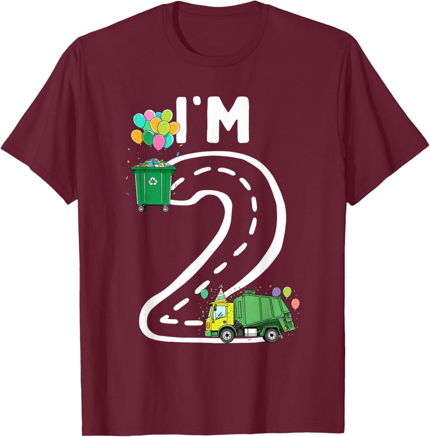 I'm 2 Two Years Old Garbage Truck 2nd Birthday Boy Kids T-Shirt - T-Shirt | Maroon