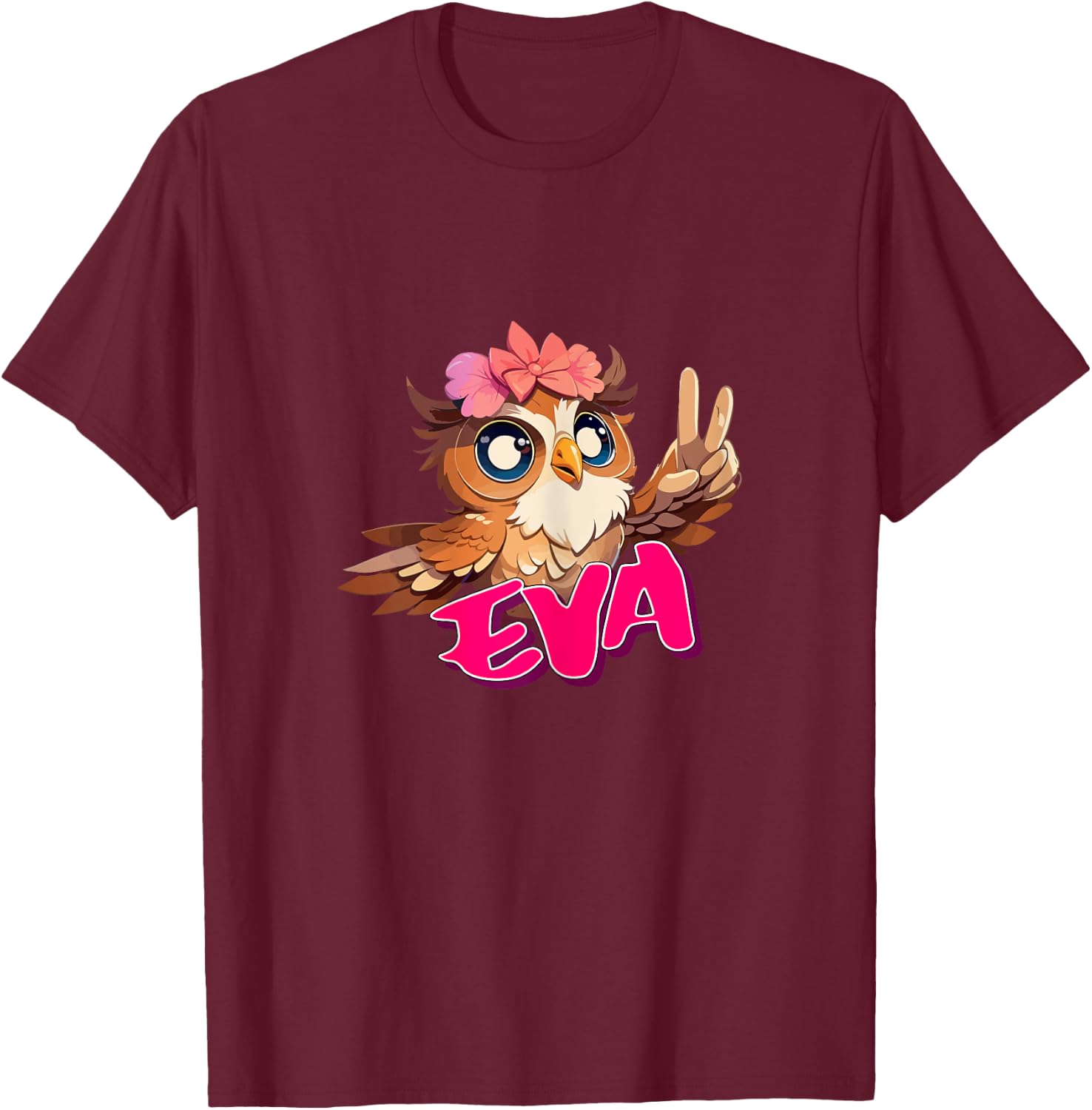 EVA - Adorable girl name with cute OWL T-Shirt - T-Shirt | Maroon