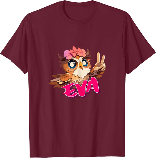 EVA - Adorable girl name with cute OWL T-Shirt - T-Shirt | Maroon