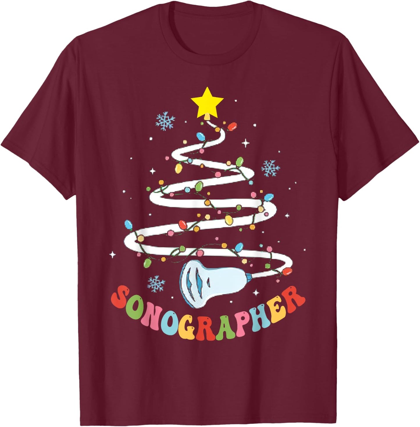 Christmas Sonography Tech, Holiday Sonographer Xmas Tree - -Adults, Black, Small T-Shirt - T-Shirt | Maroon