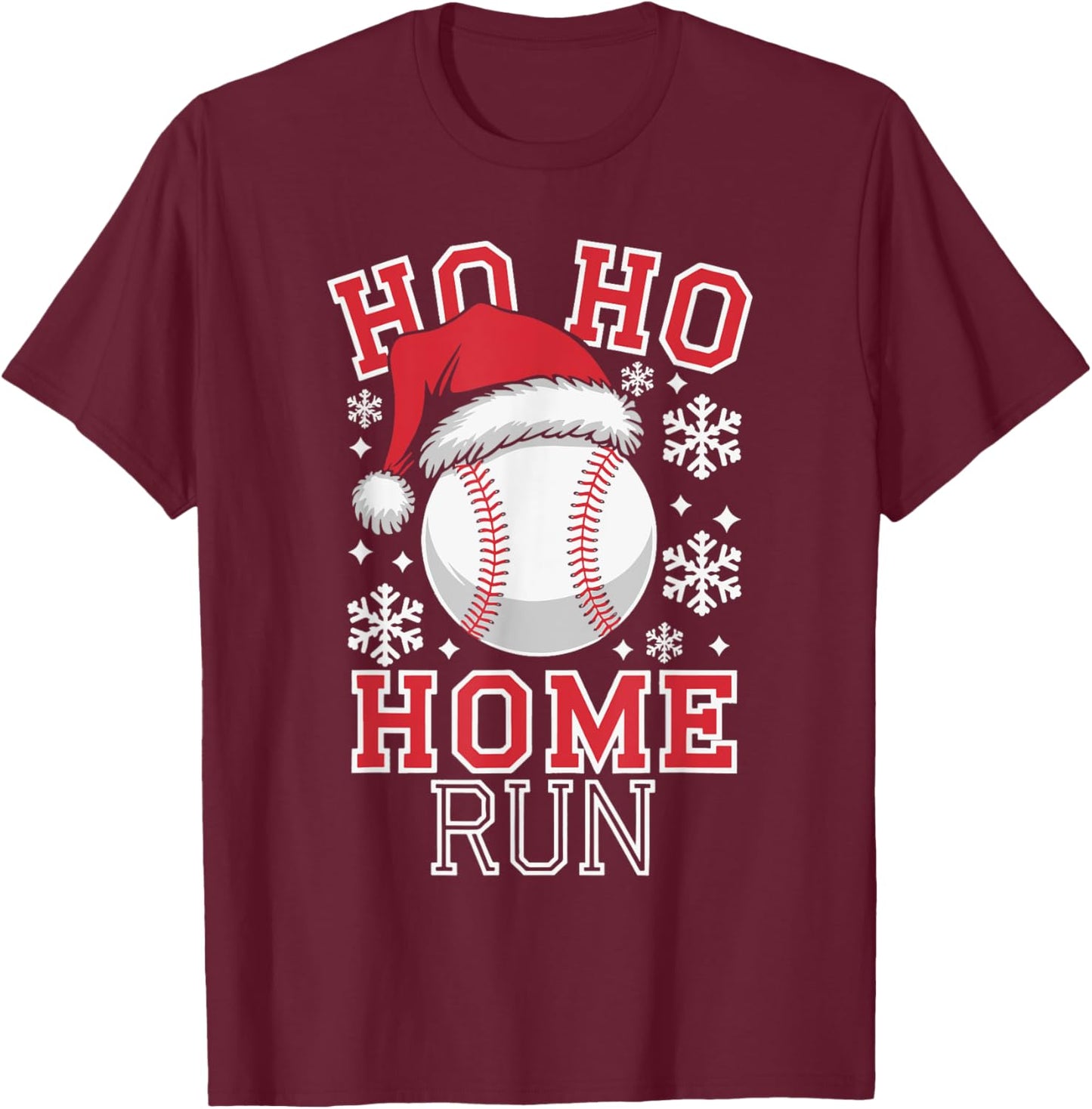 Christmas Santa Baseball Home Run Ho Ho Home Run , -Adults, -Kids, Black, Small, Short Sleeve T-Shirt - T-Shirt | Maroon