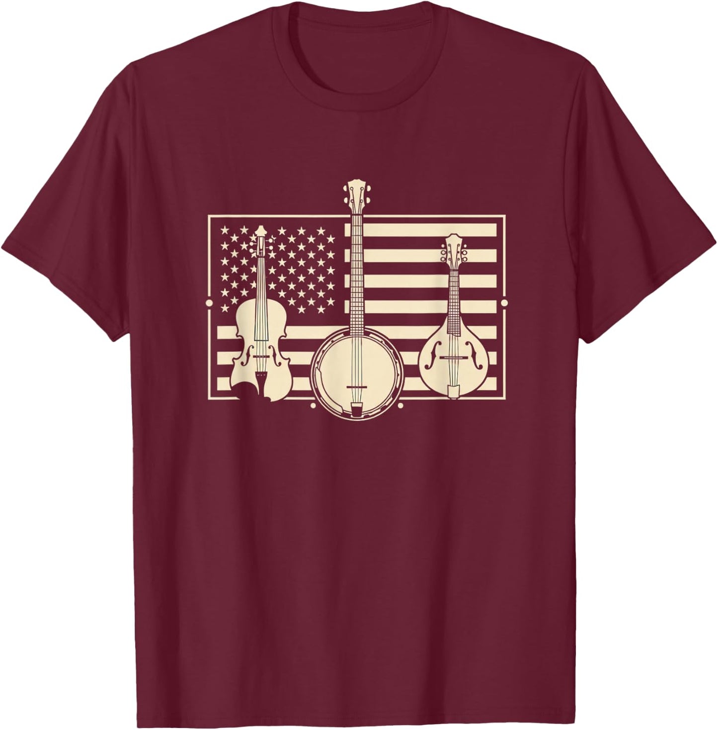 USA Americana Bluegrass Flag - Banjo Mandolin Fiddle Patriot T-Shirt - T-Shirt | Maroon