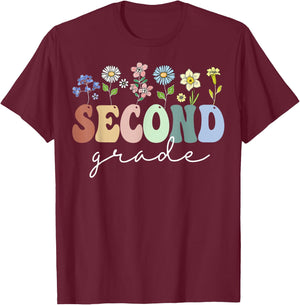 2nd Grade Wildflower Floral Back To School Gift Teachers Women Girls Kids T-Shirt - T-Shirt | Maroon