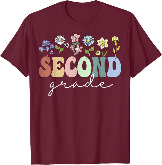 2nd Grade Wildflower Floral Back To School Gift Teachers Women Girls Kids T-Shirt - T-Shirt | Maroon