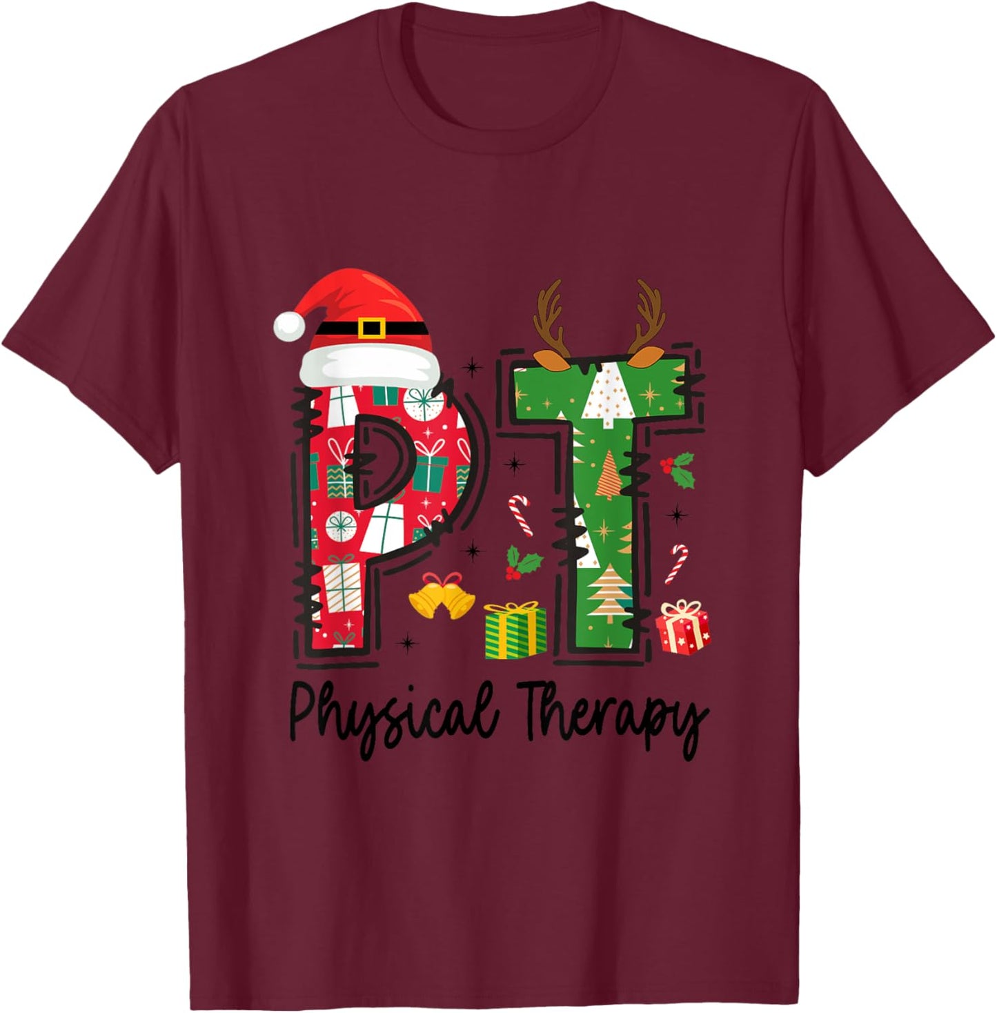 Christmas Physical Therapy Ls -Adults Grey Small Classic Fit Short Sleeve Graphic Cartoon Holiday Physical Therapy Therapist Xmas T-Shirt - T-Shirt | Maroon