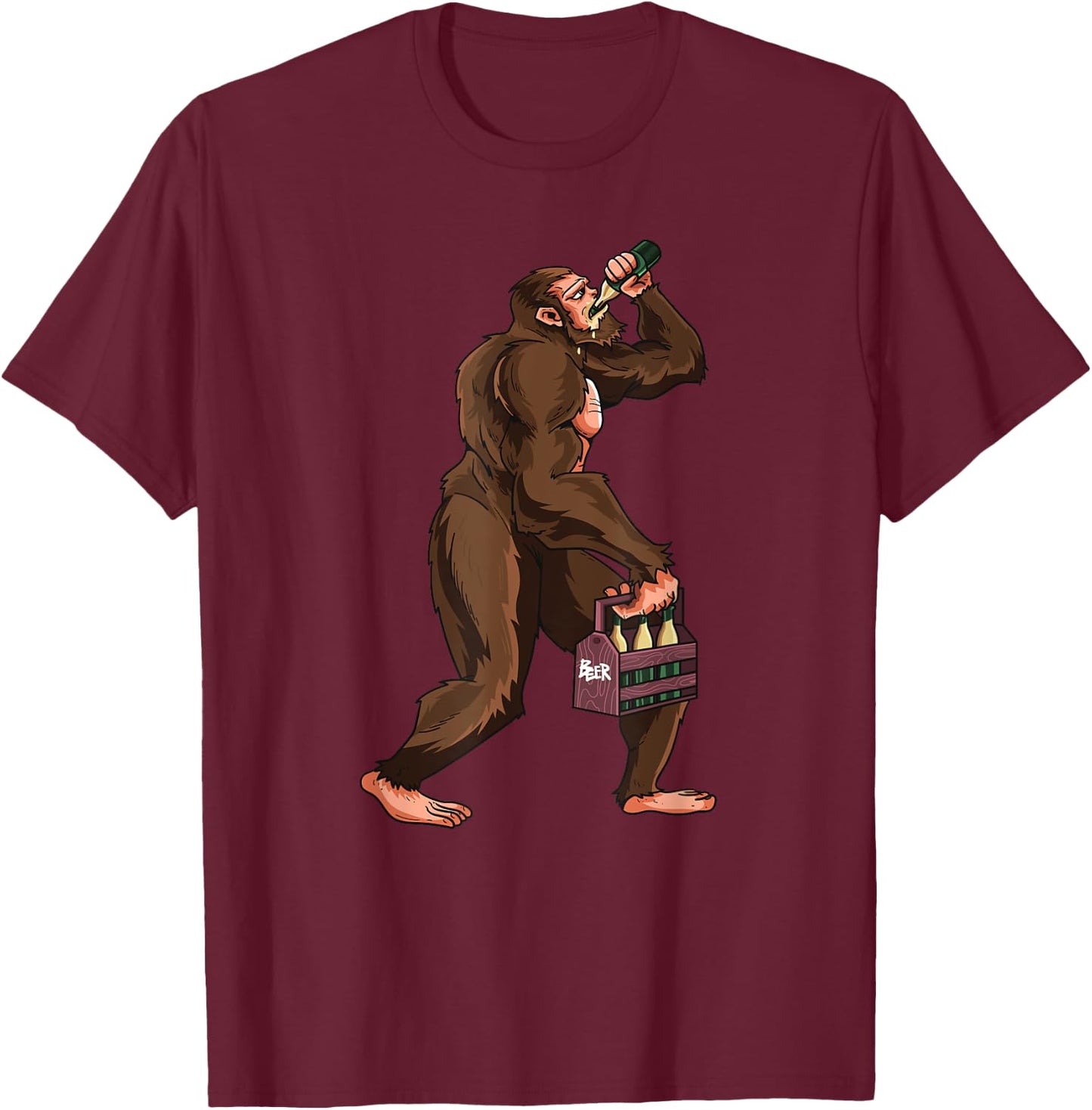 Funny Bigfoot Carrying Drinking Beer Oktoberfest Yeti Lover T-Shirt - T-Shirt | Maroon