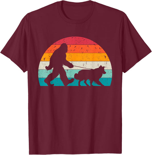 Bigfoot Walking a Dog Funny Border Collie Lovers Dog Dad T-Shirt - T-Shirt | Maroon