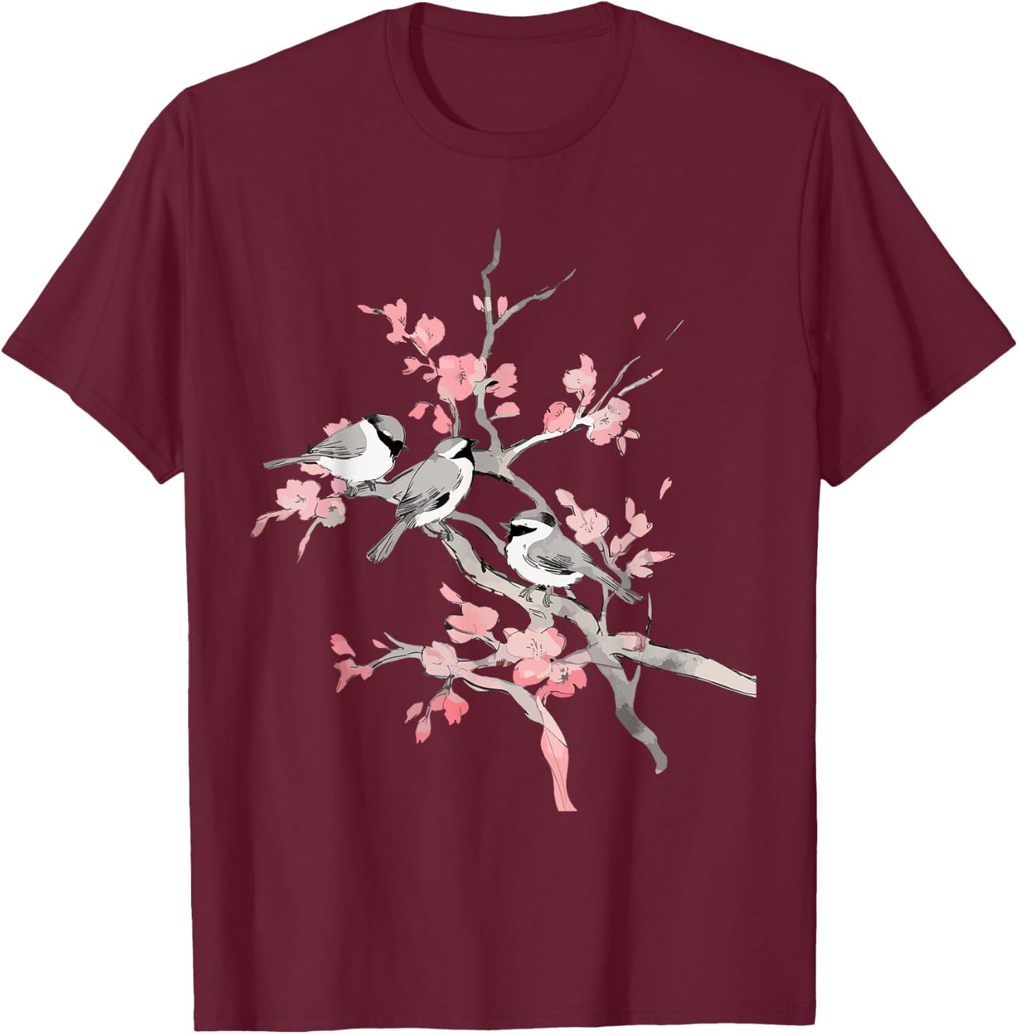 Cherry Blossoms & Birds Birdwatching Bird Lover Cute T-Shirt - T-Shirt | Maroon