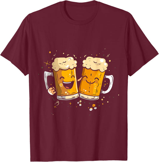 Cartoon Beer Mugs Clinking T-Shirt - T-Shirt | Maroon