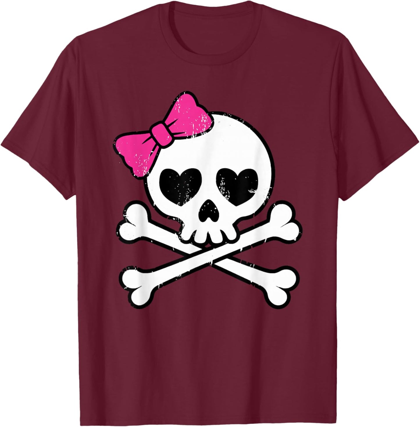 Cute Pretty Pink Skull Crossbones Girl with Hot Pink Bow T-Shirt - T-Shirt | Maroon