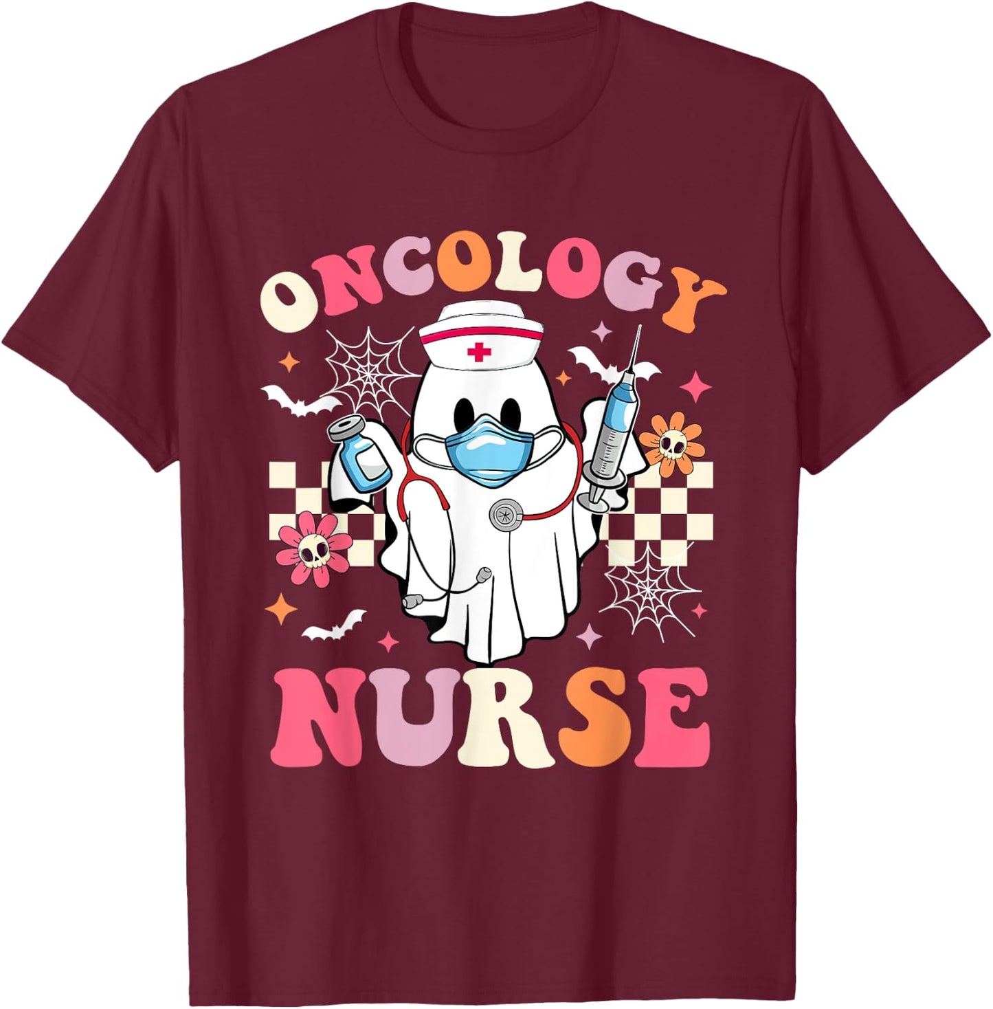 Spooky Oncology Nurse Ghost Halloween Cute Groovy Nursing T-Shirt - T-Shirt | Maroon