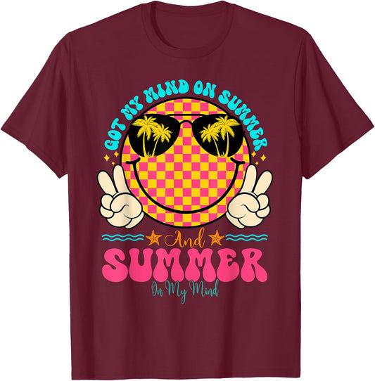 Groovy Happy Face Summer Vibes Got My Mind On Summer Teacher Women T-Shirt - T-Shirt | Maroon