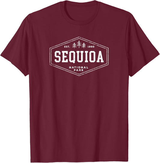 Sequoia National Park Shirt Vintage Tree Hexagon Badge Hike T-Shirt - T-Shirt | Maroon